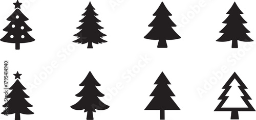 Bold Christmas tree icon set in clean vector silhouette style, ideal for festive holiday graphic designs.