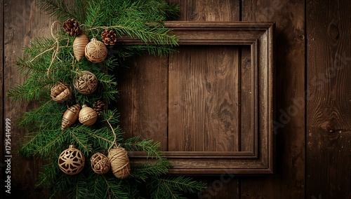 Rustic Christmas Wooden Frame Background with Natural Pine Branches and Handmade Ornaments – Warm Holiday Template for Cards, Mockups and Seasonal Designs
