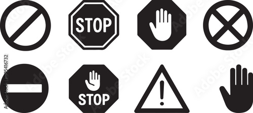 Set of Red and black Stop Warning Icons with White Hand Symbol – Vector Illustration.