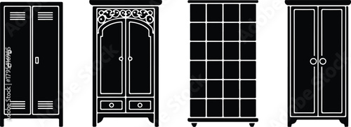 Almirah Icon Set – Wardrobe, Closet, Storage Furniture Symbols Wardrobe & Almirah Icons – Furniture, Home Storage Vector Set