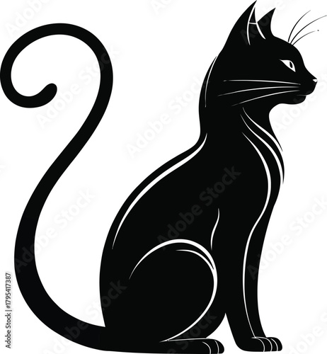 Black cat sitting with curly tail and long whiskers illustration