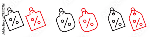 Discount and sale line icons set in red and grey. Minimal outline symbols for special offers, best price tags, and promotional labels, ideal for marketing materials and e-commerce design. 