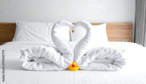 Fototapeta Naklejka Na Ścianę i Meble -  White towels shaped like swans with a small yellow rubber duck on a bed with clean white sheets and pillows