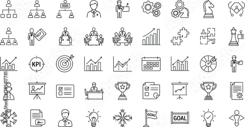 Set of sketchy icons illustrating business strategy, management, finance, and workflow concepts