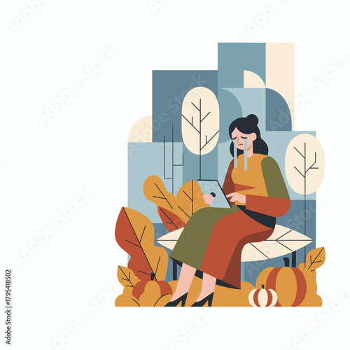 Sad woman cries using tablet outdoors in autumn Emotional stress technology issues mental health