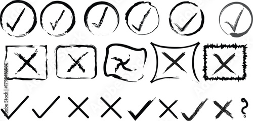 Collection of Hand-Drawn Grunge Checkmark and Cross Symbols in Rough, Distressed, and Ink Brush Styles