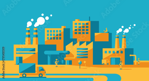 Flat design industrial factory complex with workers and shipping truck Manufacturing concept