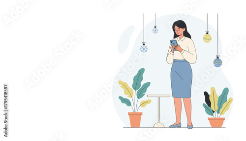 Upset woman checks smartphone isolated during the holidays loneliness stress bad news concept