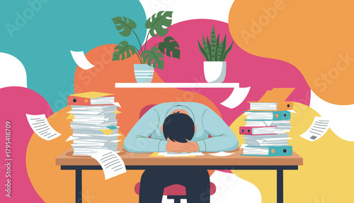 Burnout Overwhelmed employee sleeping on desk among huge stacks of paperwork and files