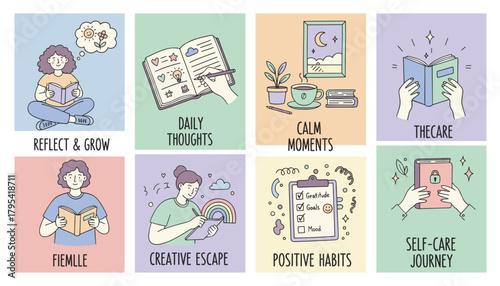 Selfcare and wellness illustrations reading journaling reflection positive habits and calm moments