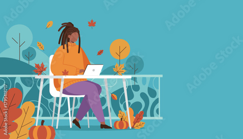 Remote work in autumn Woman freelancer using laptop outdoors on a cozy fall balcony