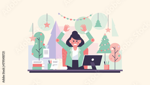 Stressed businesswoman overwhelmed by work and deadlines during the busy holiday season