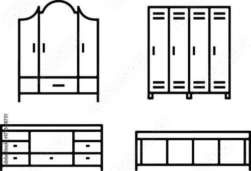 Almirah Icon Set – Wardrobe, Closet, Storage Furniture Symbols Wardrobe & Almirah Icons – Furniture, Home Storage Vector Set