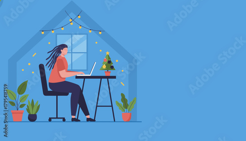 Remote worker uses laptop in a cozy festive home office decorated for Christmas holidays