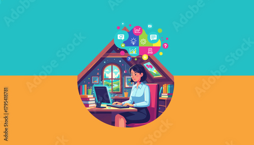 Remote worker efficiently managing data and creativity from her vibrant attic home office
