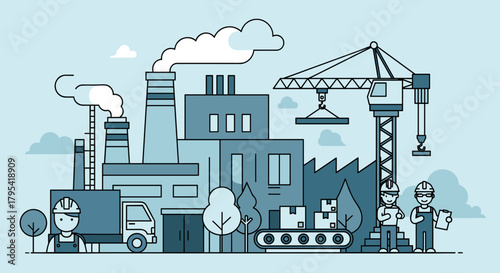 Factory and construction site with production line logistics and industrial workers
