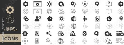 Setup & Settings Icons Collection. Setup and Settings Icon Pack, Modern Line and Solid Style Gear, Tools, Security,Configuration, option, settings, control , editable solid icon. vector illustration.