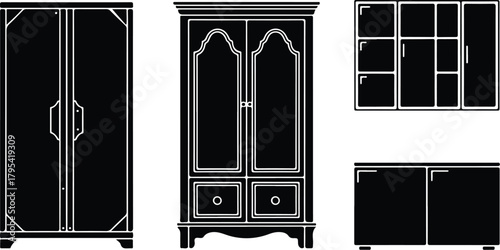 Almirah Icon Set – Wardrobe, Closet, Storage Furniture Symbols Wardrobe & Almirah Icons – Furniture, Home Storage Vector Set