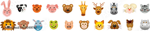 Vector set of animal face icons featuring cute, simplified illustrations of various wildlife and domestic animals.