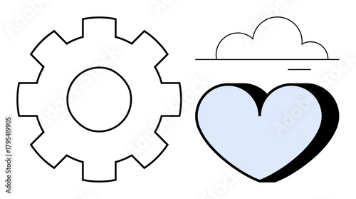 Gear emphasizing technology next to heart symbolizing emotion under a subtle cloud. Ideal for innovation, collaboration, balance, technology, empathy, well-being, creativity. A simple flat metaphor
