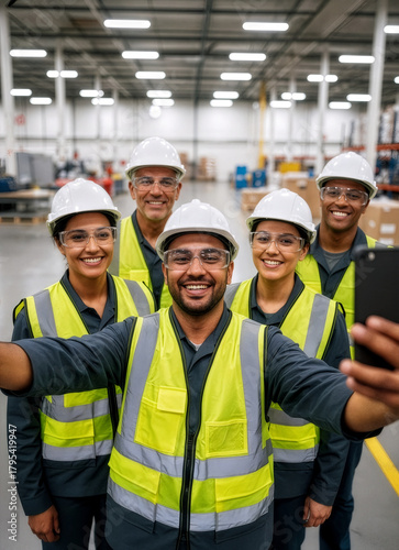 Diverse Warehouse Workers Wearing Safety Vests and Helmets, Smiling and Taking a Group Selfie in a Bright Industrial Facility with Shelving and Pallets