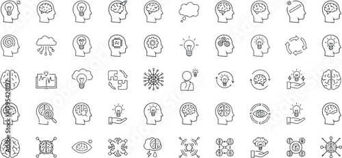 Set of handdrawn icons representing ideas, creativity, and the human mind