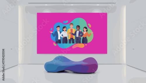 Modern gallery interior with abstract art display featuring a diverse business team and futuristic seating