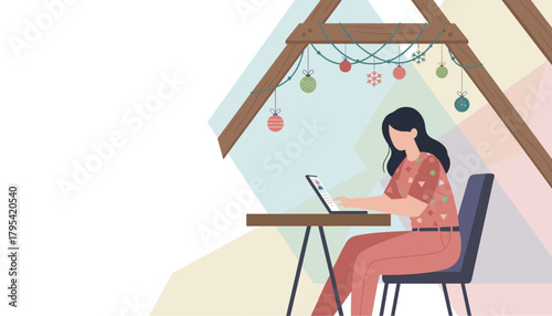Woman working on a laptop in a cozy holidaydecorated attic room Remote work and freelance lifestyle