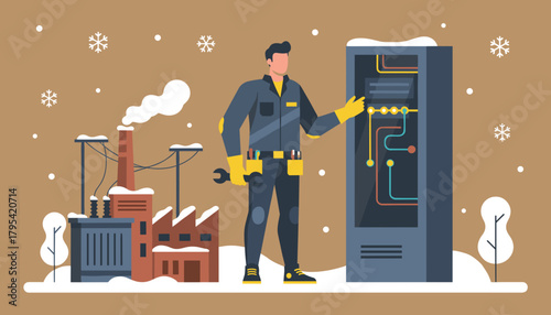Technician works on an industrial control panel outdoors in winter snow near a factory plant
