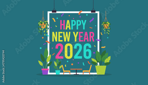 Colorful Happy New Year 2026 greeting poster vector illustration with confetti and modern plants
