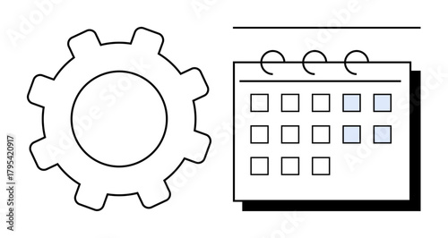 Gear alongside a calendar with highlighted dates, symbolizing planning, efficiency, and task management. Ideal for productivity, organization, workflow, project management, scheduling business