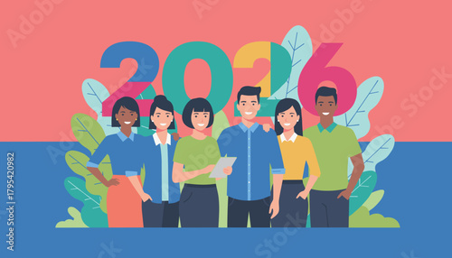 Diverse business team celebrating 2026 Future success growth and professional collaboration