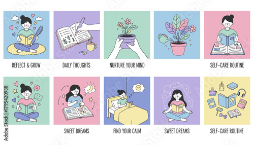 Daily selfcare habits journaling reading gardening and relaxation routines Vector illustrations