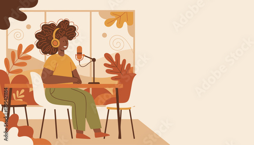 Woman podcaster recording audio content in a cozy studio setting Copy space illustration