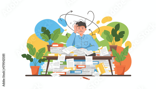 Stressed worker buried under overwhelming paperwork and suffering from burnout concept