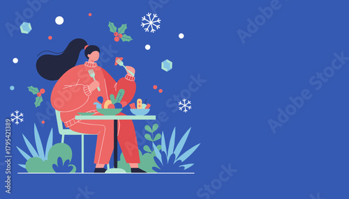 A woman enjoys a healthy meal in a cozy winter setting decorated with snowflakes and holly Holiday wellness