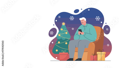 Senior man using smartphone near Christmas tree Online shopping or distant holiday greetings