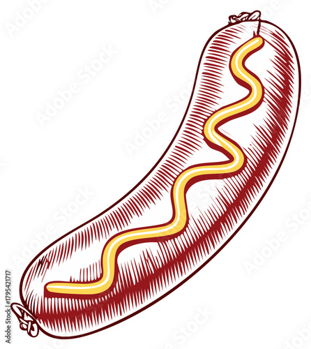 Stylized illustration of a single sausage with a swirl of yellow mustard