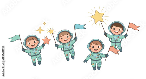 Happy kids floating in space wearing astronaut suits, suitable for posters, games, education, and children’s creative projects