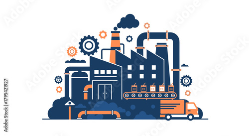 Manufacturing factory illustration with conveyor belt gears and delivery truck Production concept