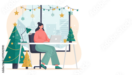 Remote work during Christmas Woman uses laptop in a cozy decorated home office during winter