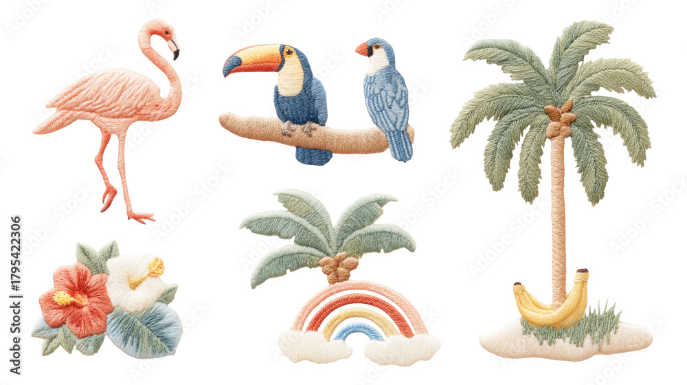 Fototapeta premium Colorful Exotic Birds and Tropical Plants on Transparent Background