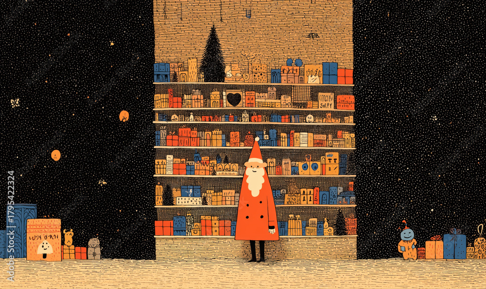 custom made wallpaper toronto digitalhand drawn doodle illustration of Santa Claus in Christmas cutaway scene with brick interior, toy library, giant wooden trinket shelf, shop display rack filled with colorful gift boxes and toys