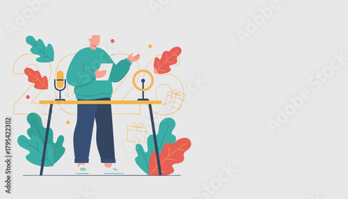 Podcast host delivering a winter holiday or New Year message Flat vector illustration template
