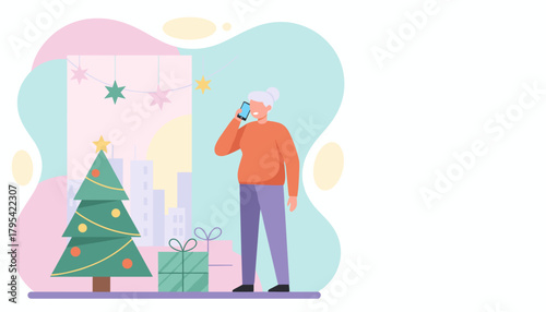 Senior woman making a holiday call next to a Christmas tree and gifts in a city home
