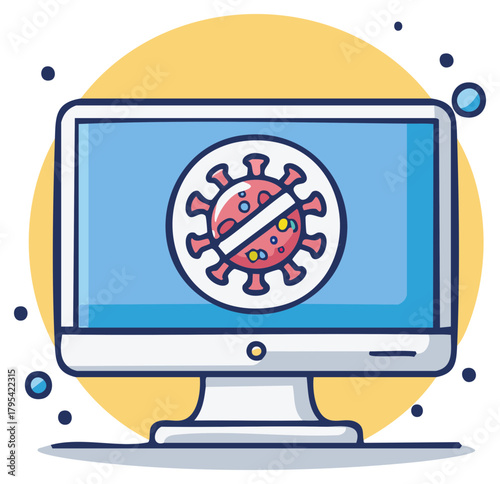 Computer Monitor with Stop Coronavirus Sign on Screen Cartoon Illustration