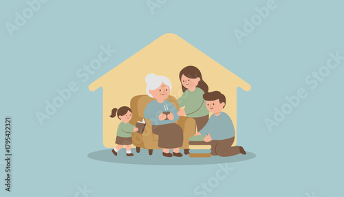 Happy multigenerational family caring for grandma at home Love and connection illustration