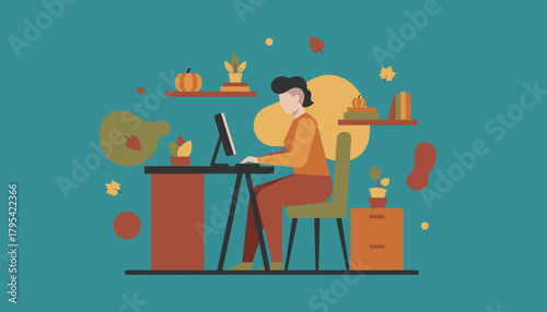 Fall remote work setup Person using a desktop computer in a warm stylized home office