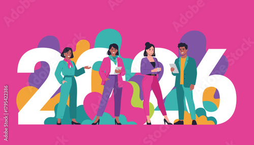 Diverse business team planning for 2026 embracing future success and growth Vibrant illustration