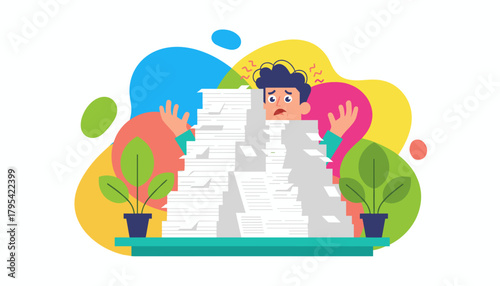 Man buried in a mountain of paperwork illustrating overwhelming work stress and deadlines
